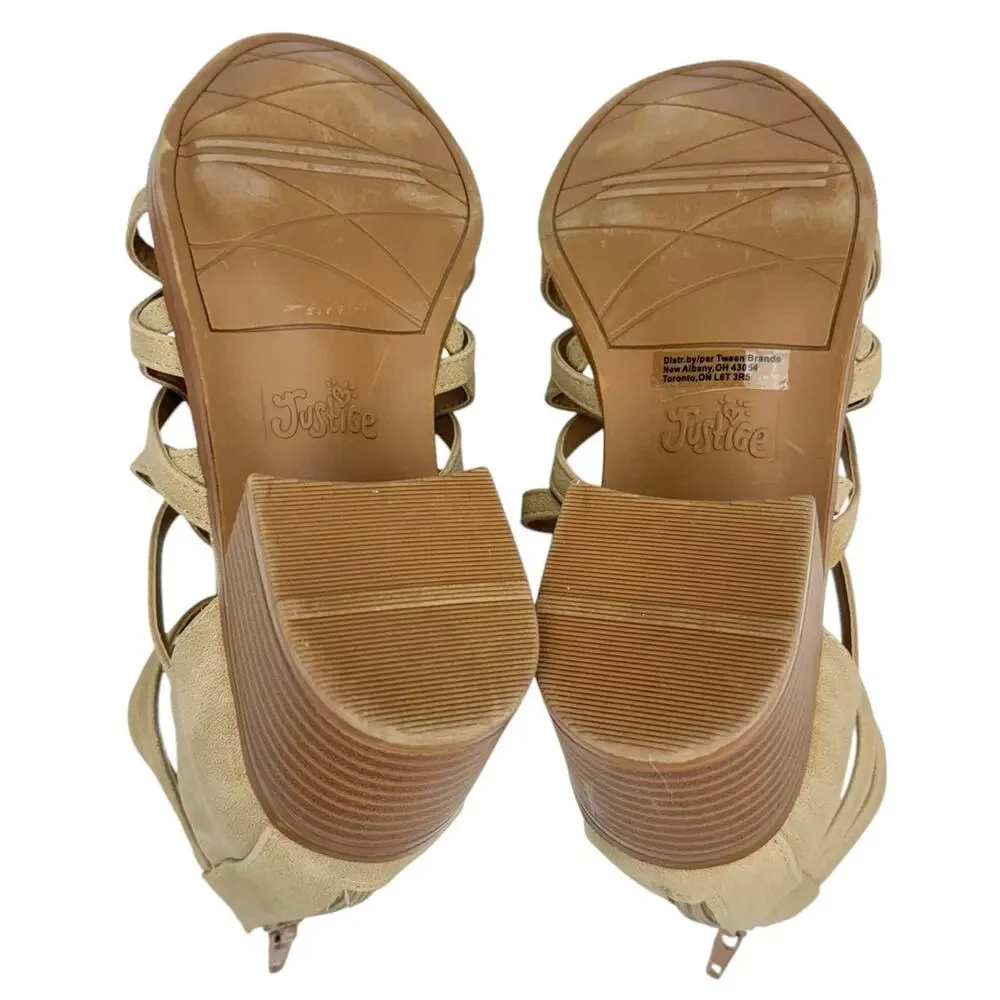Justice Tan Western Faux Leather Metallic Strappy Block Low Heel Sandals 8 Girls